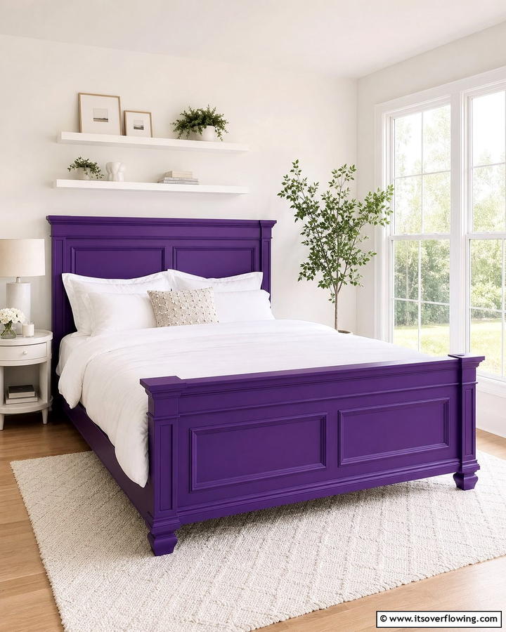 A Purple Bedframe with White Linens - 17 Purple Bedroom Ideas for Dreamy and Creative Spaces