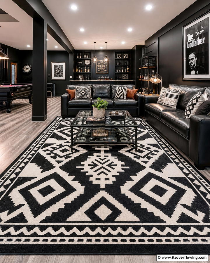A Statement Rug with Bold Patterns - 20 Black Man Cave Ideas for a Masculine Retreat