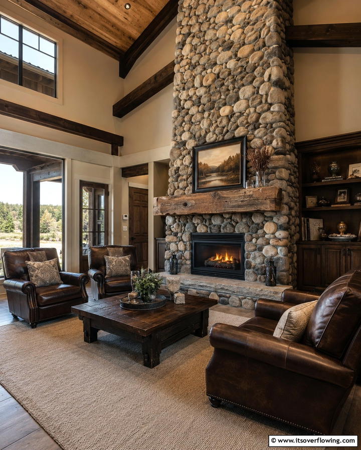 A Stone Fireplace as a Focal Point - 25 Rustic Barndominium Interior Design Ideas