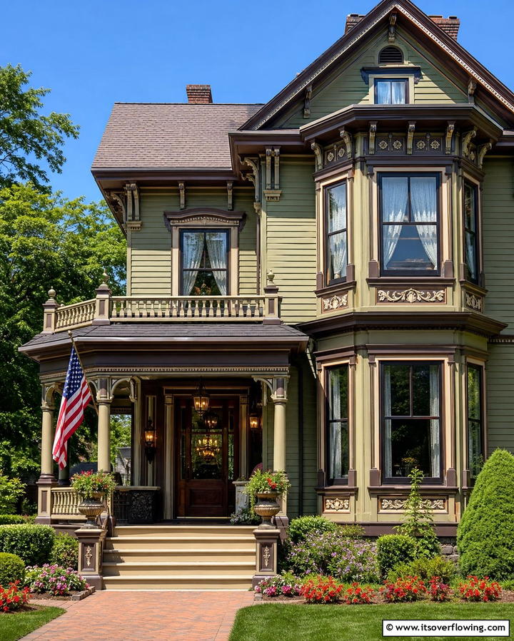 A Vintage Look with Pale Sage and Chocolate Brown Trim - 25 Sage Green House With Brown Trim Ideas for Curb Appeal