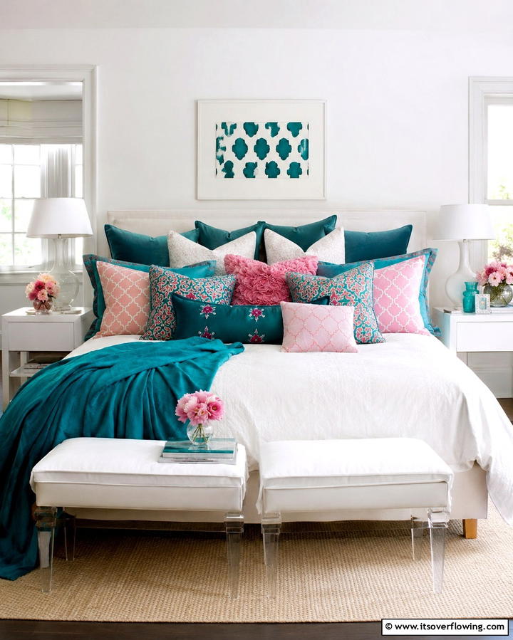 Above Vibrant Teal and Pink Throw Pillows - 30 Teal and Pink Bedroom Ideas for Bold Modern Design