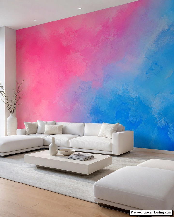 Abstract Art Accent Wall - 25 Pink and Blue Living Room Ideas for a Vibrant Space