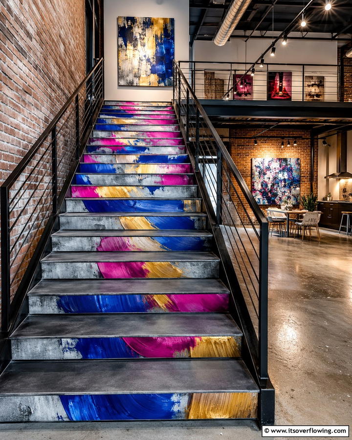 Abstract Brushstrokes - 25 Painted Stair Ideas to Transform Your Home