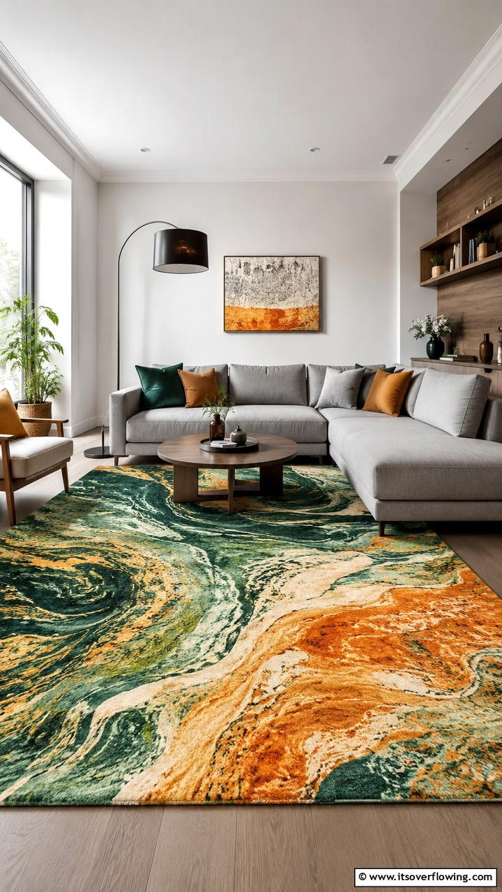 Abstract Green and Orange Area Rug - 30 Green and Orange Living Room Ideas for Bold Style
