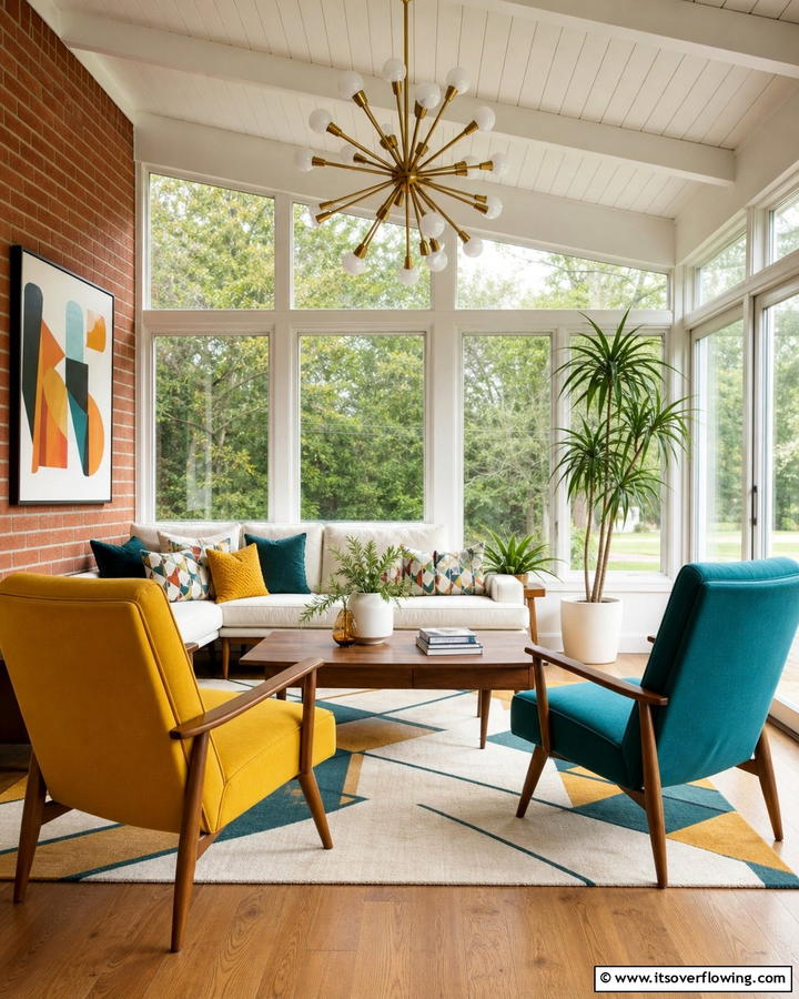 Accent Chairs with Bold Colors - 20 Mid-century Modern Sunroom Ideas for a Retro Vibe