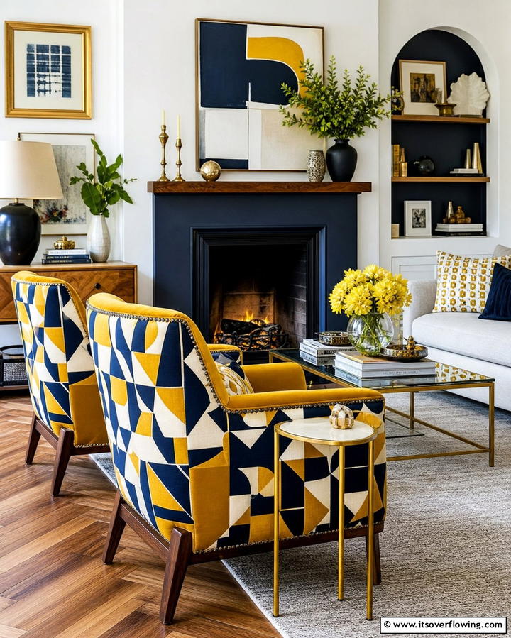 Accent Chairs with Bold Patterns - 25 Chairs in Front of Fireplace Ideas for Cozy Vibes