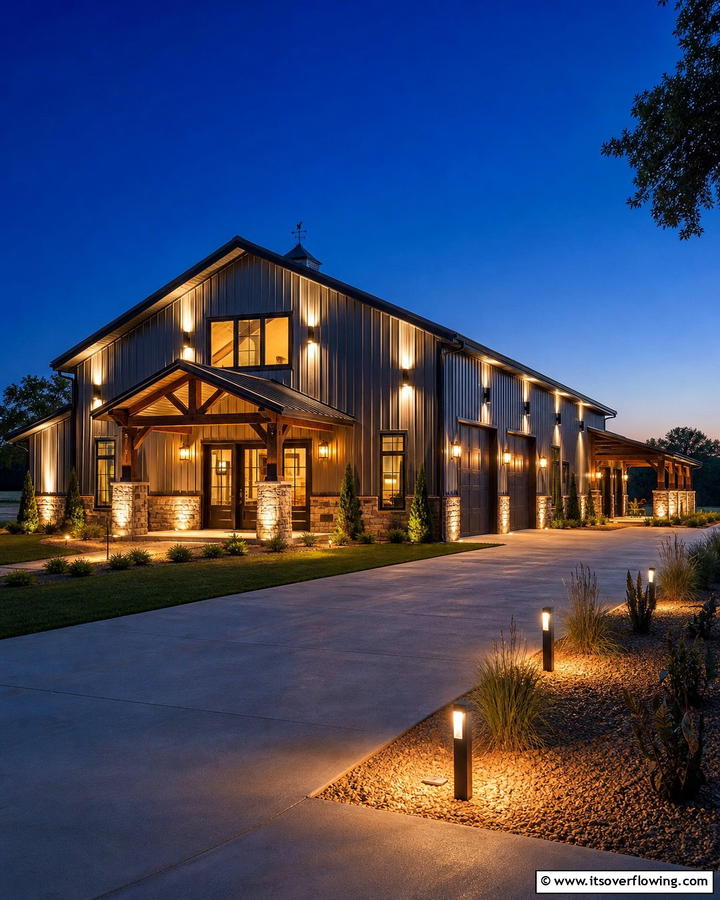 Accent Lighting Features - 20 Barndominium Exterior Ideas for Curb Appeal
