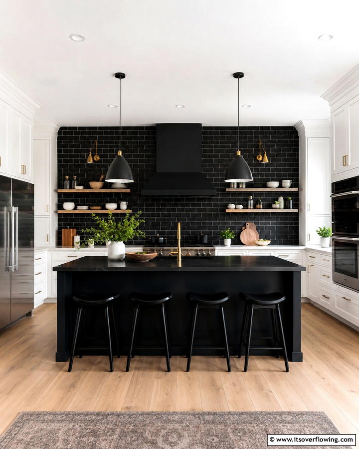 Accent Wall Integration - 20 White Kitchen Ideas With Black Island for Contrast