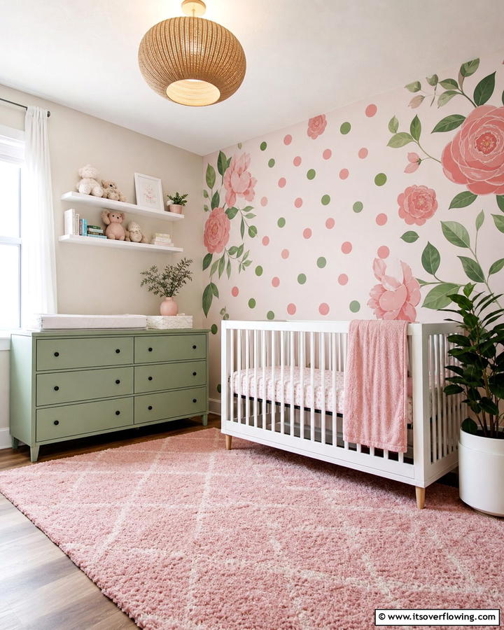Accent Wall With Patterns - 20 Pink and Green Nursery Ideas for a Sweet Retreat