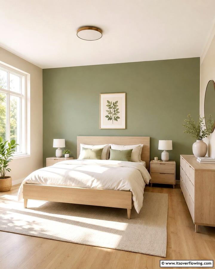 Accent Wall in Sage Green - 25 Serene Green and Beige Bedroom Design Ideas