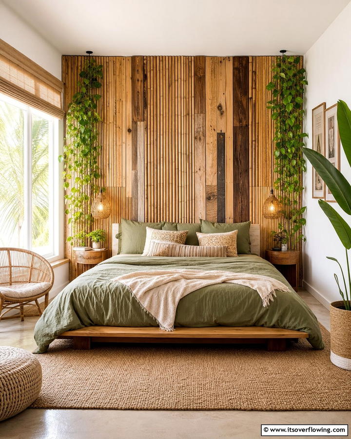 Accent Wall with Natural Materials - 20 Cozy Small Boho Bedroom Design Ideas