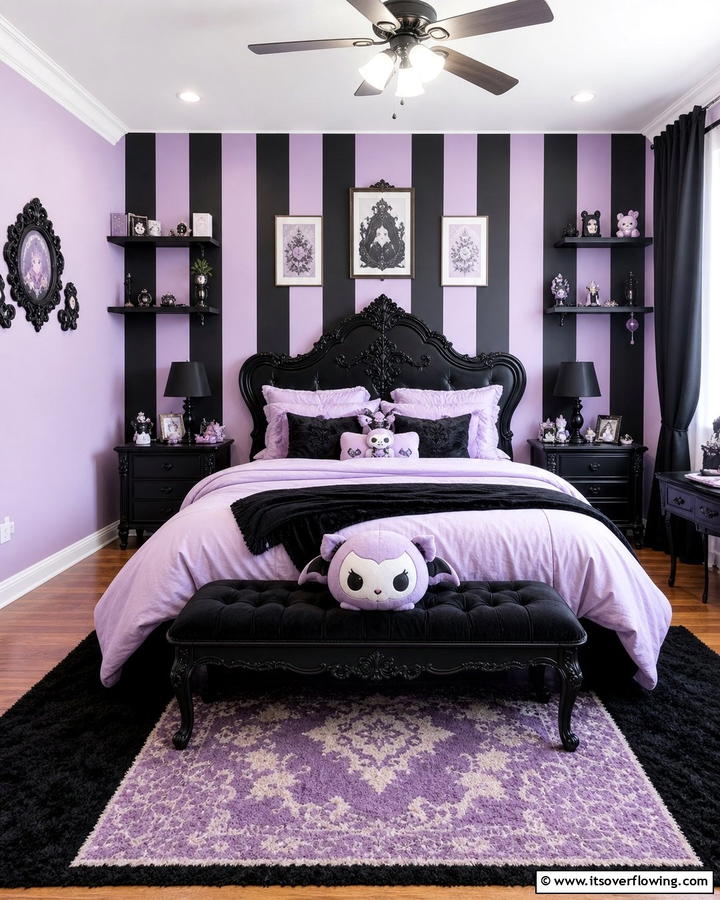 Accent Wall with Pastel and Black Stripes - 20 Pastel Goth Bedroom Ideas for a Unique Aesthetic