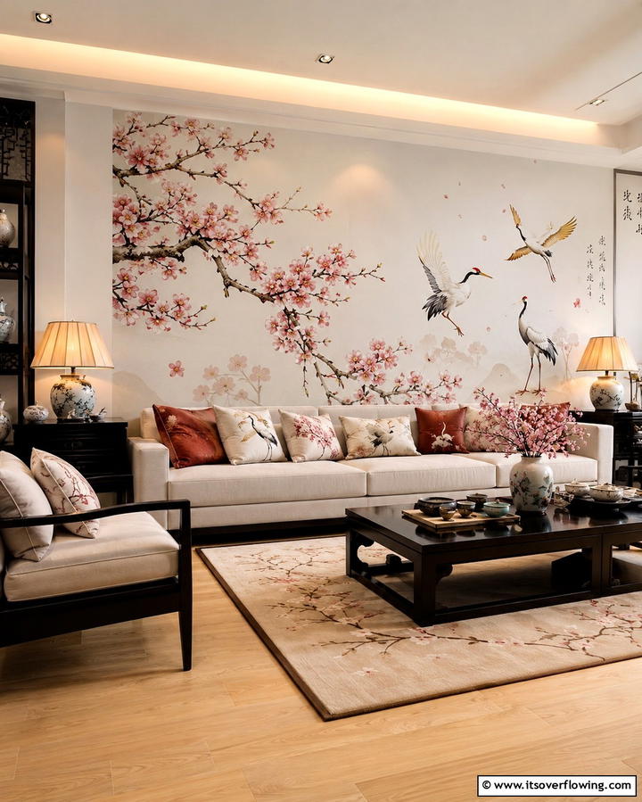 Accent Walls with Asian Motifs - 25 Asian Living Room Ideas for a Zen Atmosphere