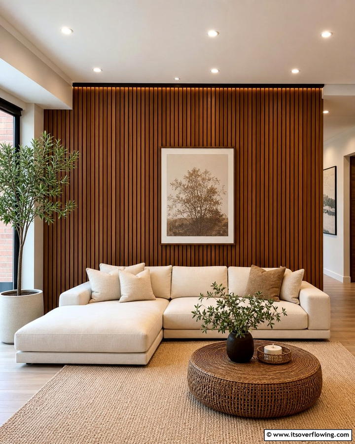 Accent Walls with Textured Brown Panels - 25 Brown Living Room Ideas for Warm and Cozy Vibes
