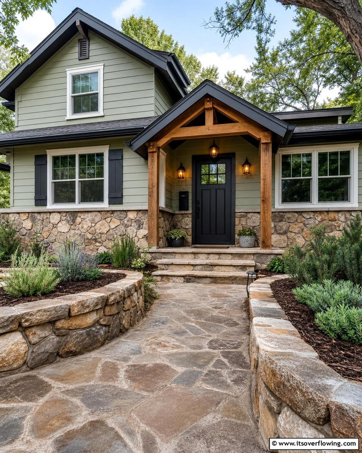 Accentuating Texture with Stone Details - 20 Sage Green House With Black Door Design Ideas