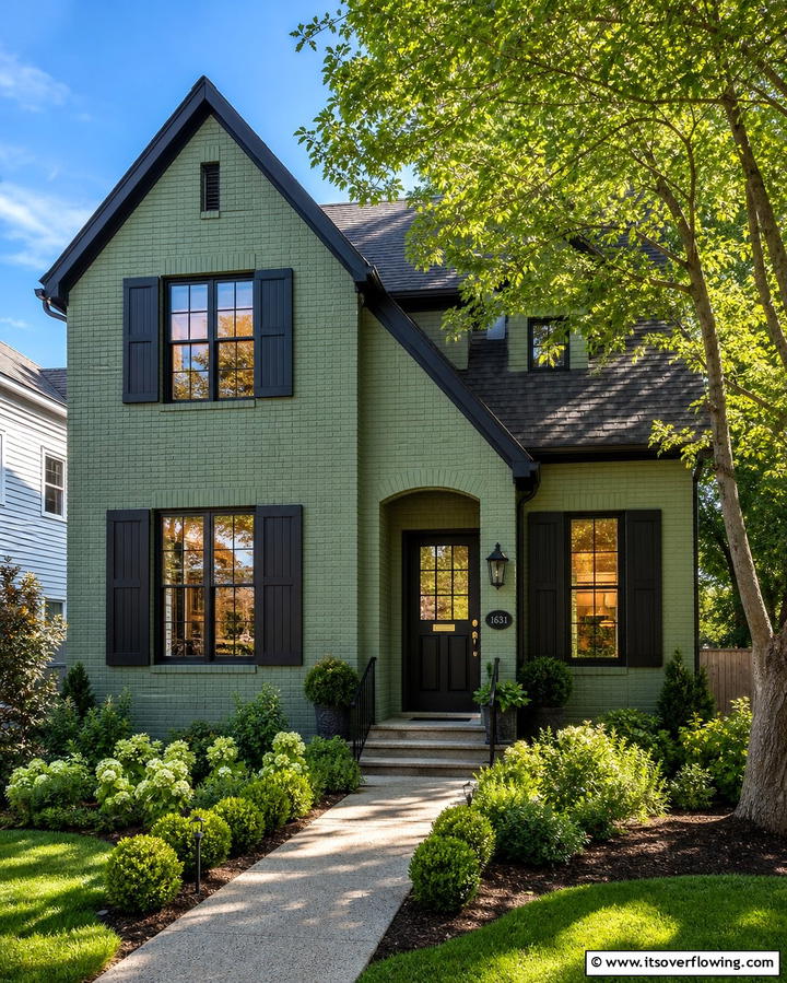 Accentuating with Black Details - 25 Sage Green Painted Brick House Ideas for a Fresh Look