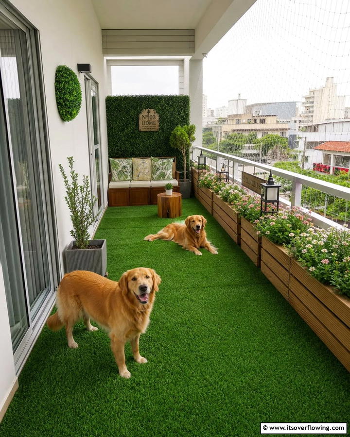 Add Artificial Grass Flooring - 20 Dog Balcony Ideas for Your Furry Friend’s Comfort