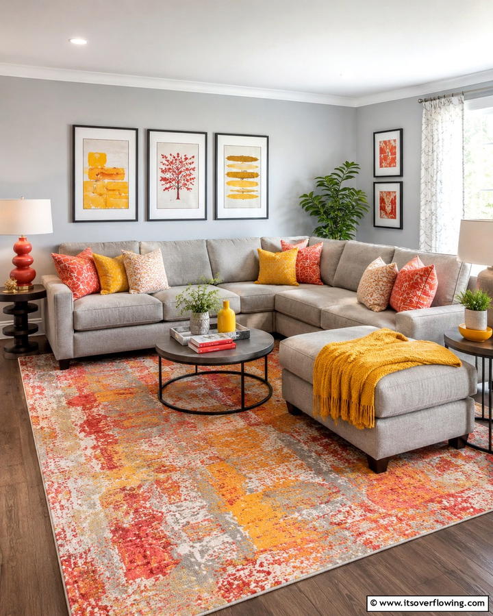 Add Bold Accent Colors - 30 Grey Couch Living Room Styling Ideas for Cozy Spaces