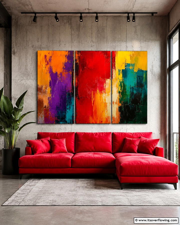Add Bold Artwork - 25 Red Couch Living Room Ideas to Make a Statement