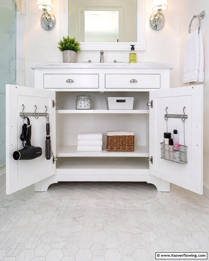 Add Cabinet Door Hooks - 25 Bathroom Cabinet Organization Ideas for a Clutter-Free Space