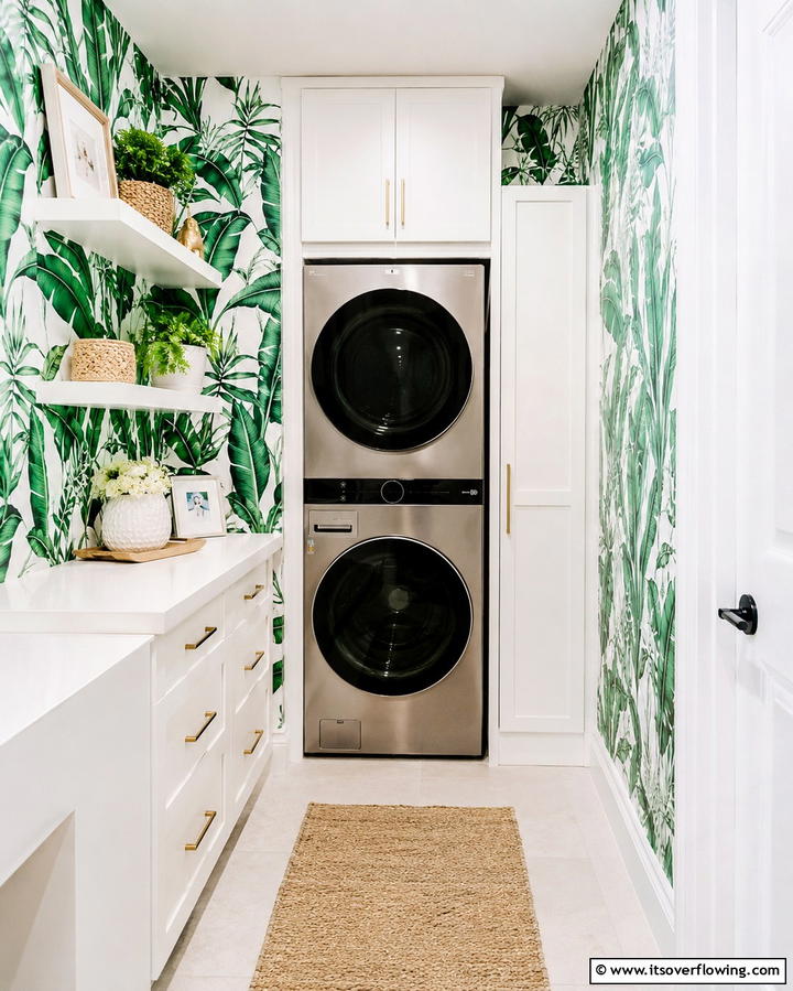 Add Custom Wallpaper - 20 Stackable Laundry Room Ideas for Small Spaces