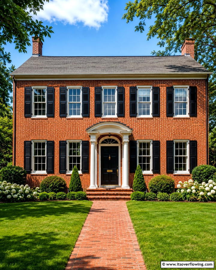 Add Drama with Black Shutters - 25 Red Brick House with Black Trim Design Ideas