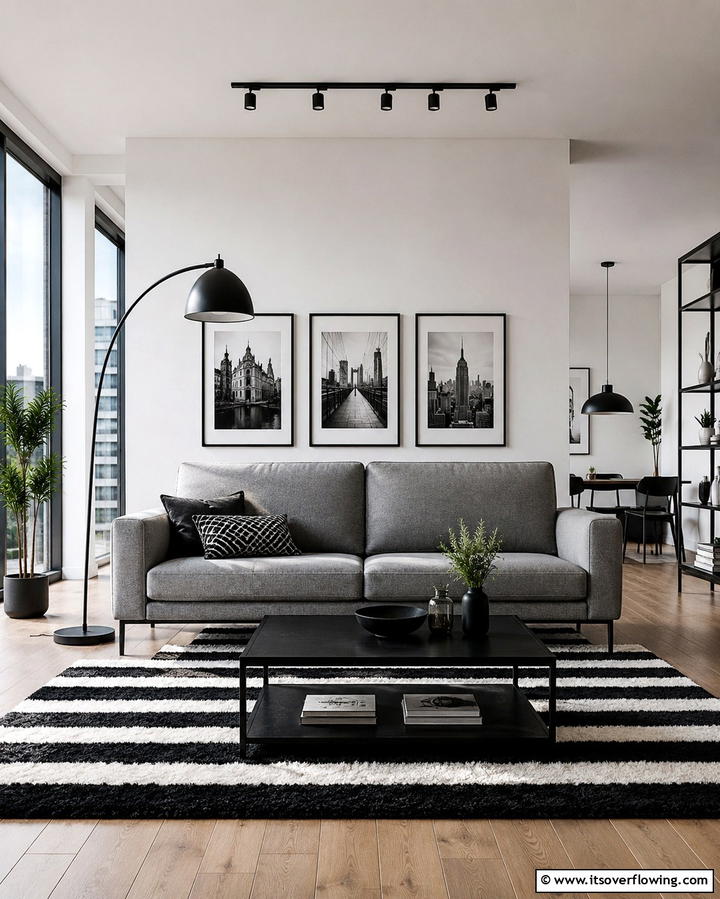 Add Drama with Black and White Decor - 30 Grey Couch Living Room Styling Ideas for Cozy Spaces