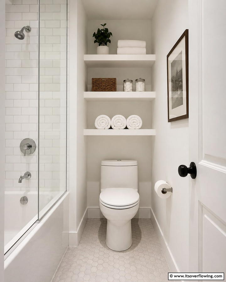 Add Floating Shelves for Storage - 30 Small White Bathroom Ideas to Brighten Compact Spaces