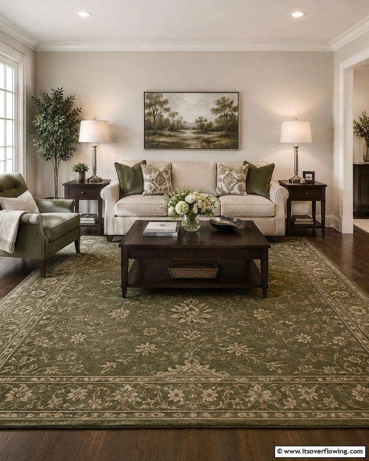 Add Green Rugs for a Grounded Look - 25 Green Living Room Ideas for a Fresh and Calming Space
