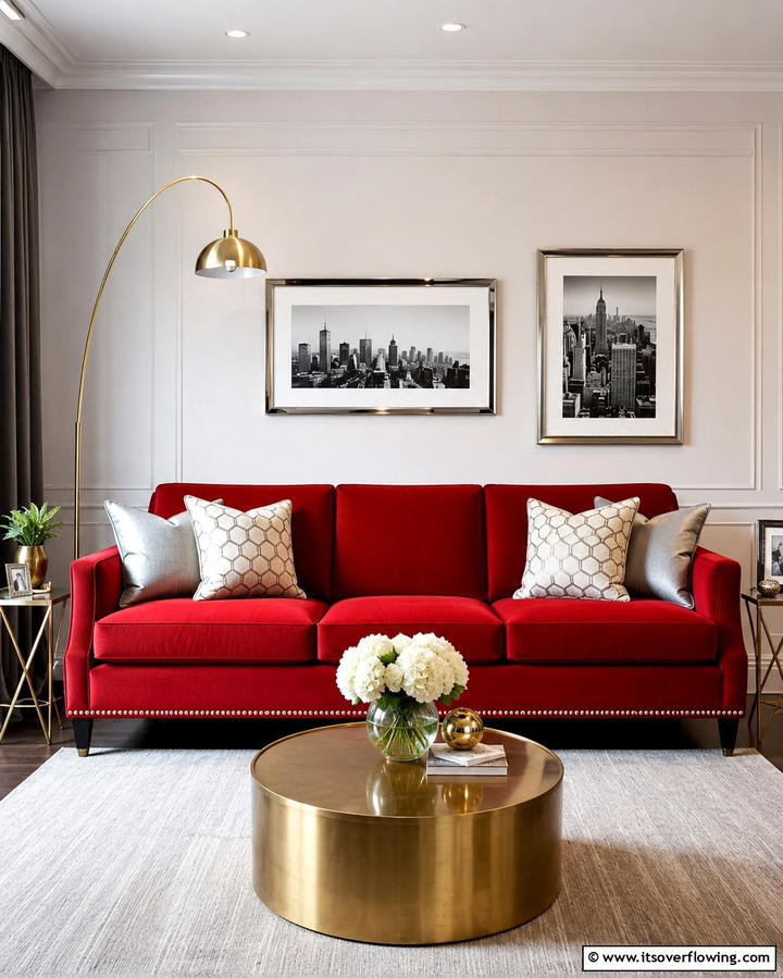 Add Metallic Accents - 25 Red Couch Living Room Ideas to Make a Statement