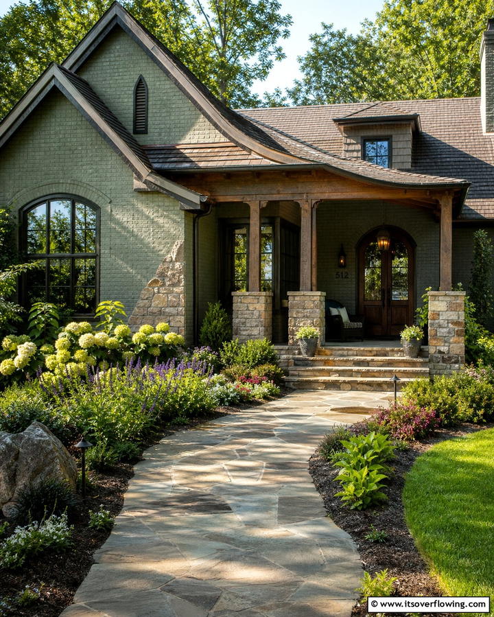 Add Natural Stone Accents - 25 Sage Green Painted Brick House Ideas for a Fresh Look