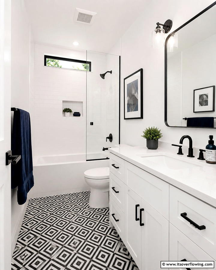 Add Pops of Contrast - 30 Small White Bathroom Ideas to Brighten Compact Spaces