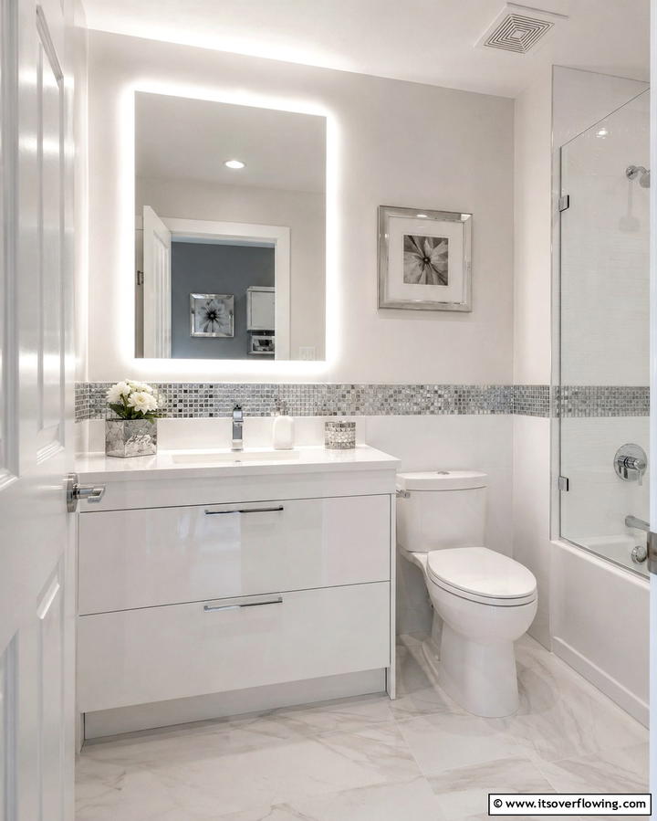 Add Reflective Surfaces - 30 Small White Bathroom Ideas to Brighten Compact Spaces