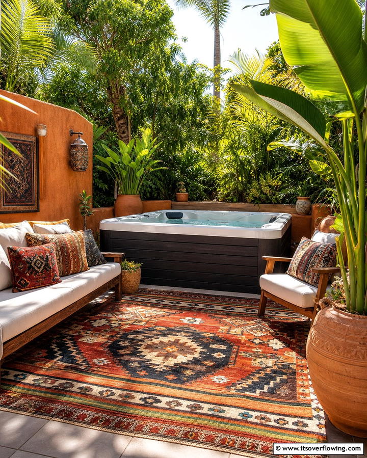 Add Stylish Outdoor Rugs for Comfort - 25 Relaxing Hot Tub Decor Ideas for Your Backyard