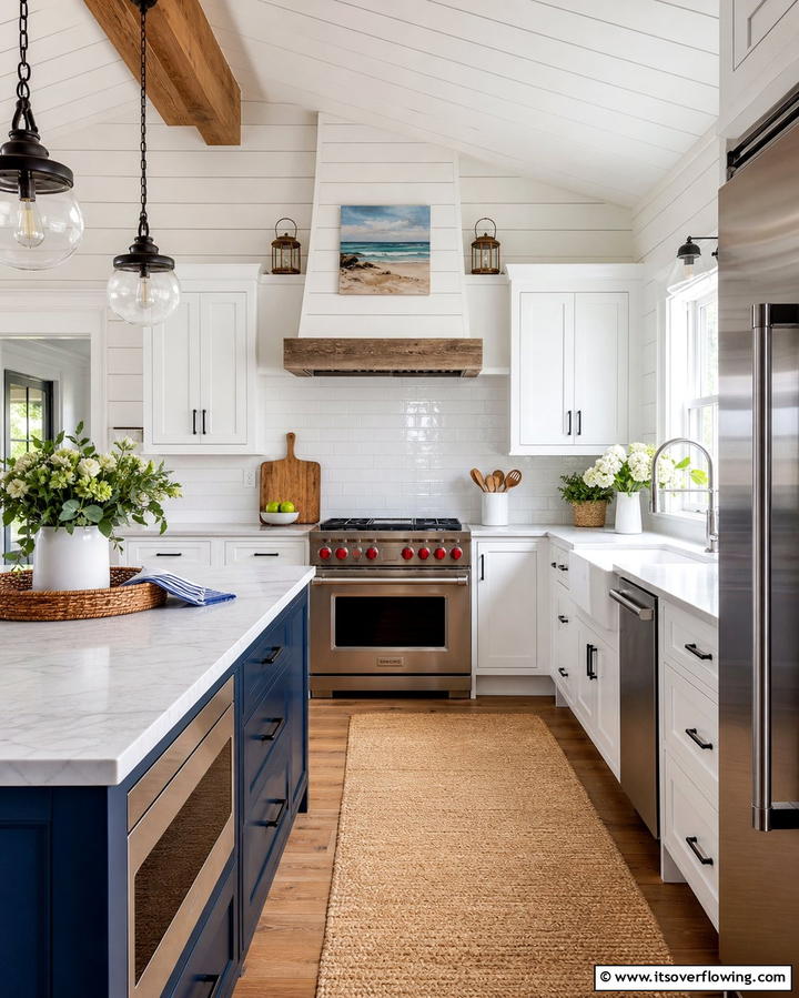 Add Texture with Shiplap Walls - 25 White Kitchen with Stainless Steel Appliances Ideas