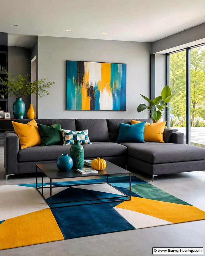 Add Vibrancy with Bold Accent Colors - 30 Grey Couch Living Room Styling Ideas for Cozy Spaces