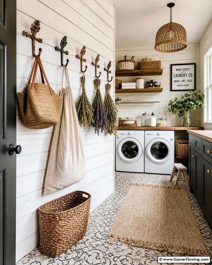 Add Vintage Hooks for Hanging Essentials - 25 Boho Laundry Room Ideas for a Stylish and Functional Space