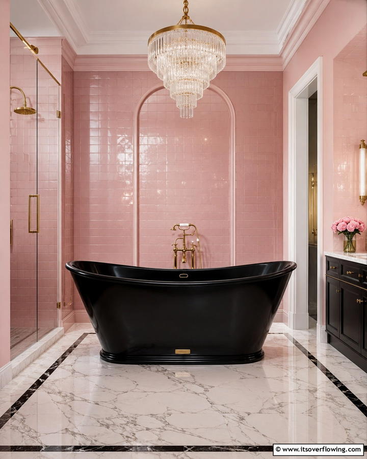Add a Black Freestanding Tub with Pink Surroundings - 25 Pink and Black Bathroom Ideas for a Bold and Chic Look