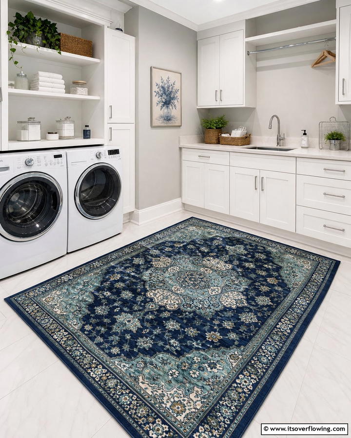 Add a Blue Area Rug - 25 Blue Laundry Room Ideas for a Fresh and Clean Look
