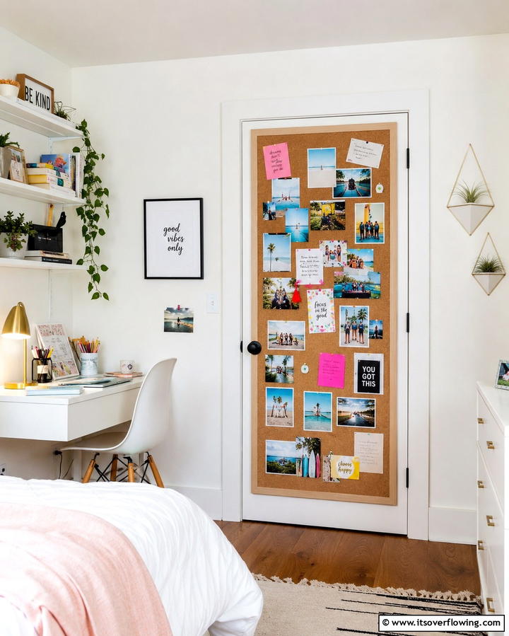 Add a Corkboard for Functionality - 25 Creative Bedroom Door Decorating Ideas for Style