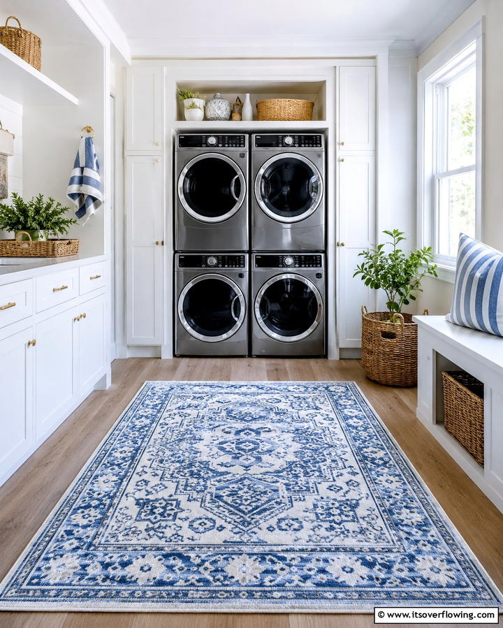 Add a Decorative Rug - 20 Stackable Laundry Room Ideas for Small Spaces