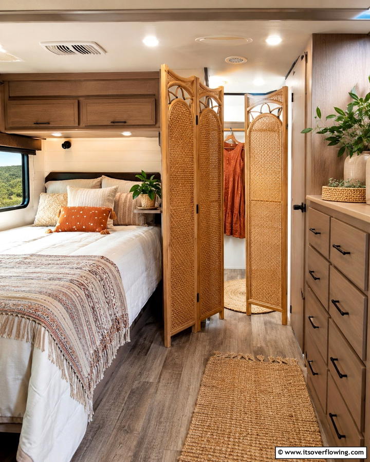 Add a Folding Divider for Flexible Space - 25 RV Bedroom Ideas to Maximize Comfort on the Road