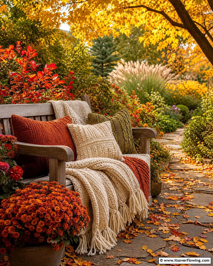 Add a Garden Bench with Throws - 25 Fall Garden Ideas to Beautify Your Outdoor Space