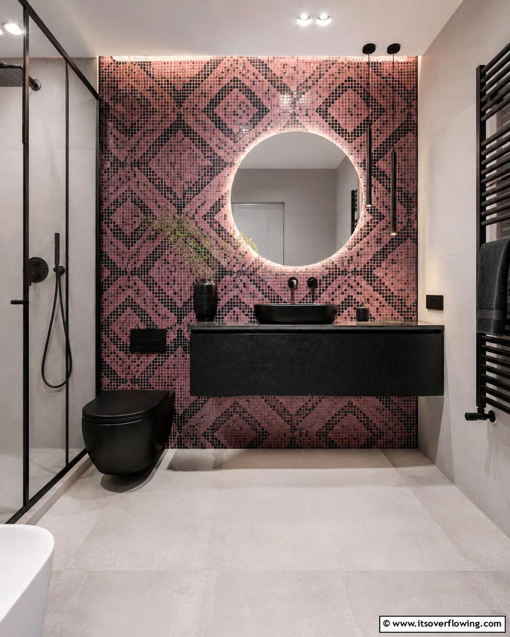 Add a Pink and Black Mosaic Accent Wall - 25 Pink and Black Bathroom Ideas for a Bold and Chic Look