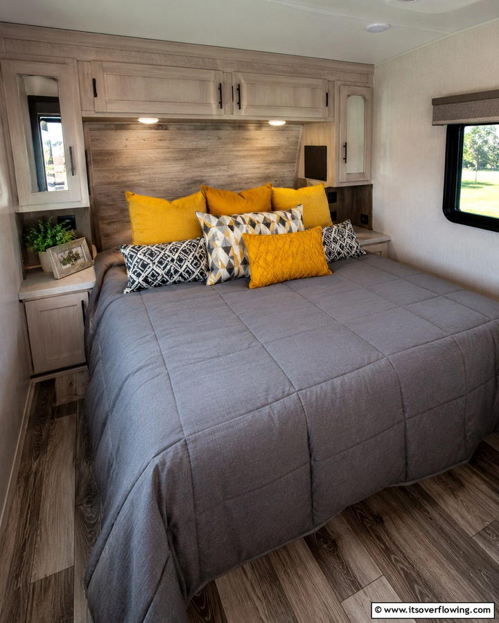 Add a Pop of Color with Accent Pillows - 25 RV Bedroom Ideas to Maximize Comfort on the Road