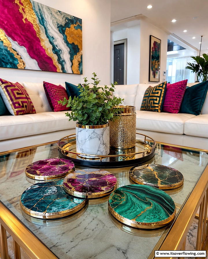 Add a Pop of Color with Decorative Coasters - 25 Coffee Table Decor Ideas for Stylish Living Rooms