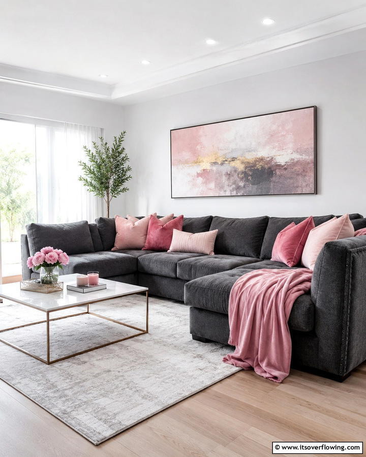 Add a Pop of Pink - 30 Grey Couch Living Room Styling Ideas for Cozy Spaces