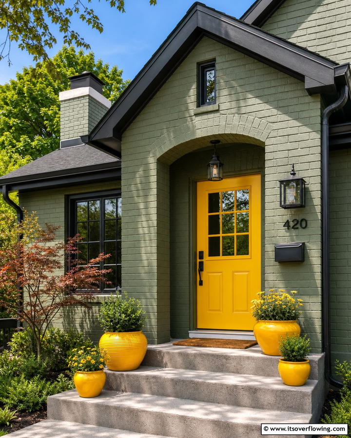 Add a Pop of Yellow - 25 Sage Green Painted Brick House Ideas for a Fresh Look