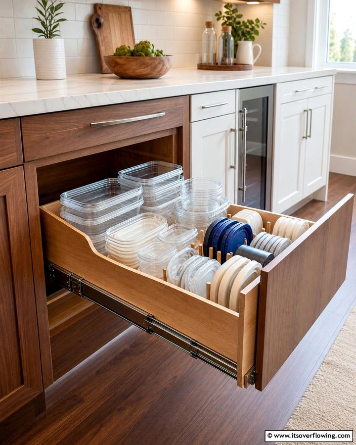 Add a Pull Out Tray for Convenience - 25 Tupperware Organization Ideas for a Tidy Kitchen