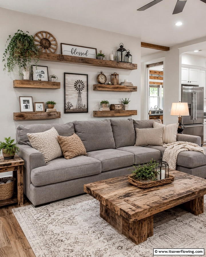 Add a Rustic Touch - 30 Grey Couch Living Room Styling Ideas for Cozy Spaces